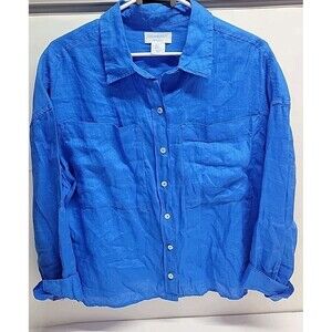 Cynthia Rowley 100% Linen Shirt Blue Long Sleeve Button Boxy‎ Classic Resort L